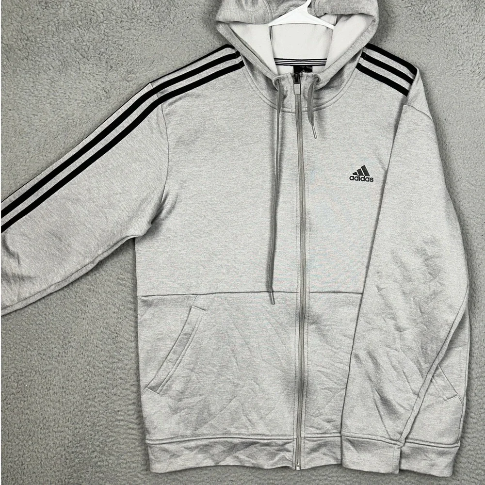 Adidas Hoodie Mens Large ClimaWarm Full Zip Grey 3-Stripe Fleece Jacket Pocket